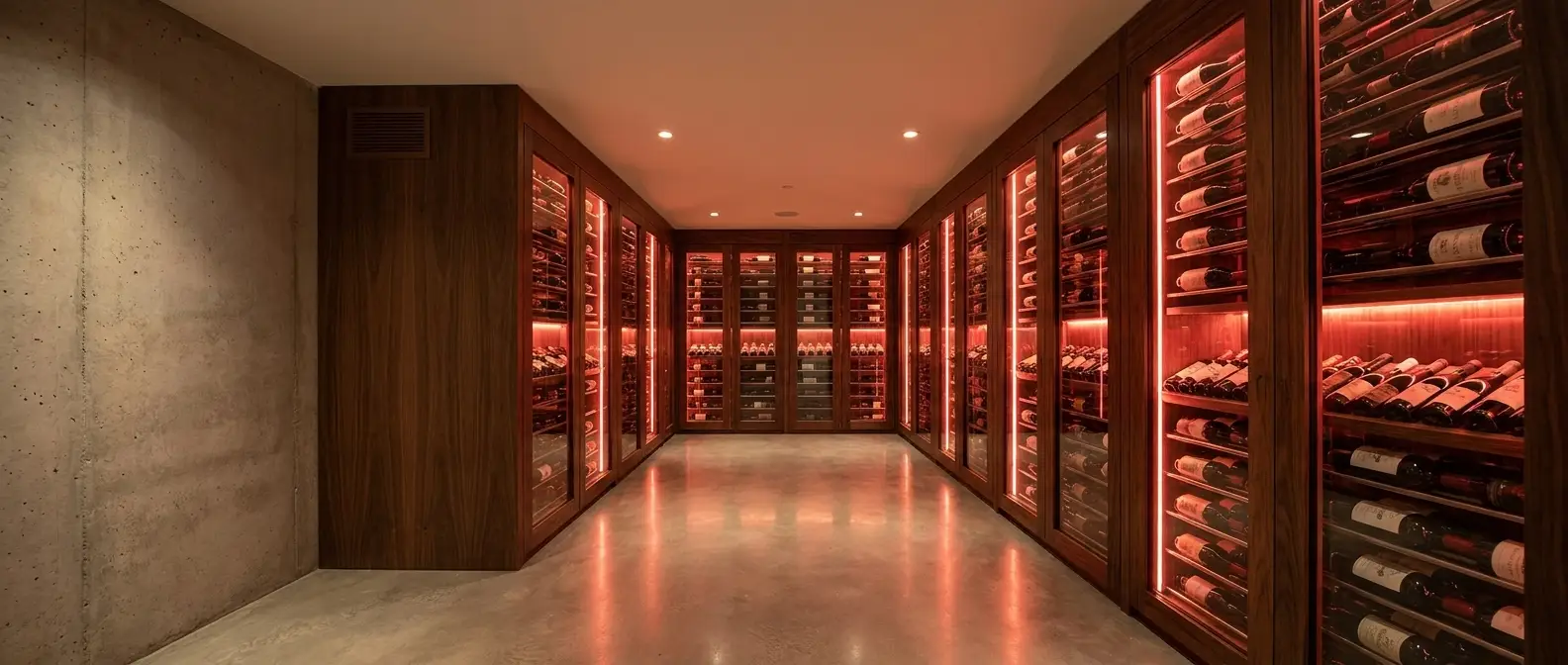 Glass-fronted residential wine cellar with warm bottle-rack lighting, used to explain steady long-term wine storage temperature